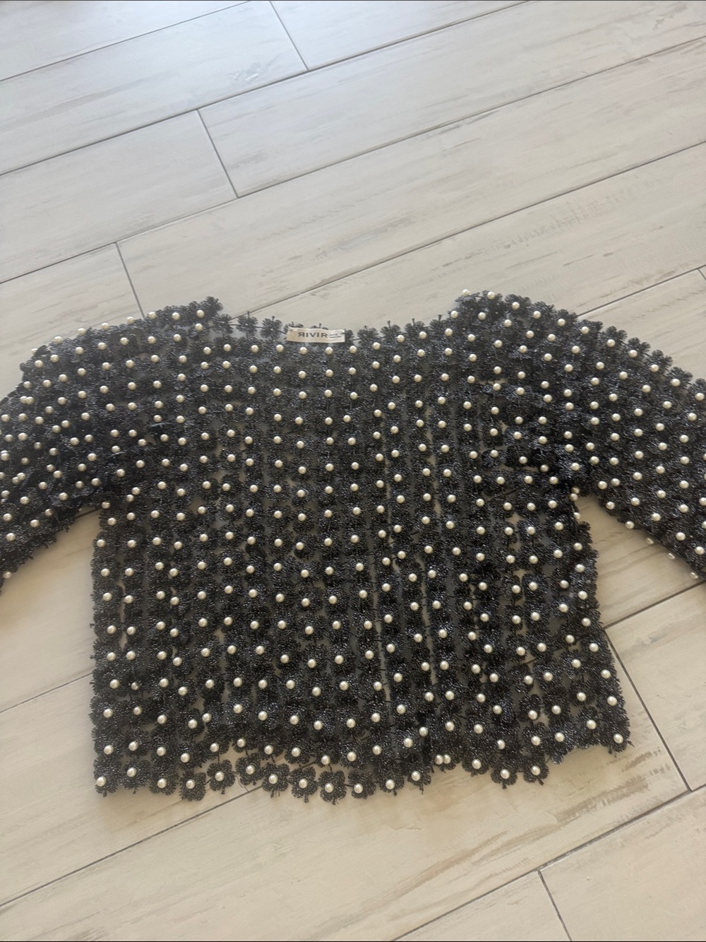 Beaded Floral Knit Crop Top with Pearls